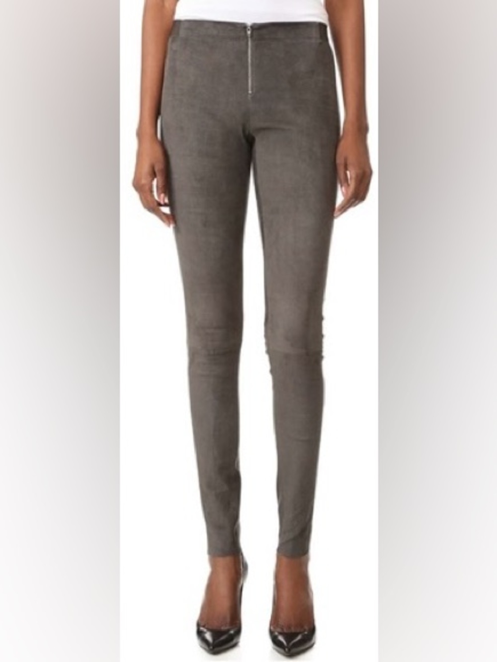 Alice & Olivia Suede Lambs Leather Charcoal Gray Front Zip Pants Leggings EUC 2